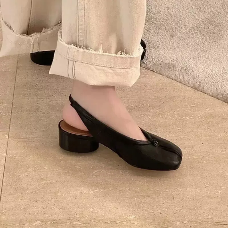 2025 Spring Summer Fashion Soft Leather Split Toe Women Pumps Casual Comfortable 3.5cm Low Heeled Slingbacks Tabi Ballet Shoes
