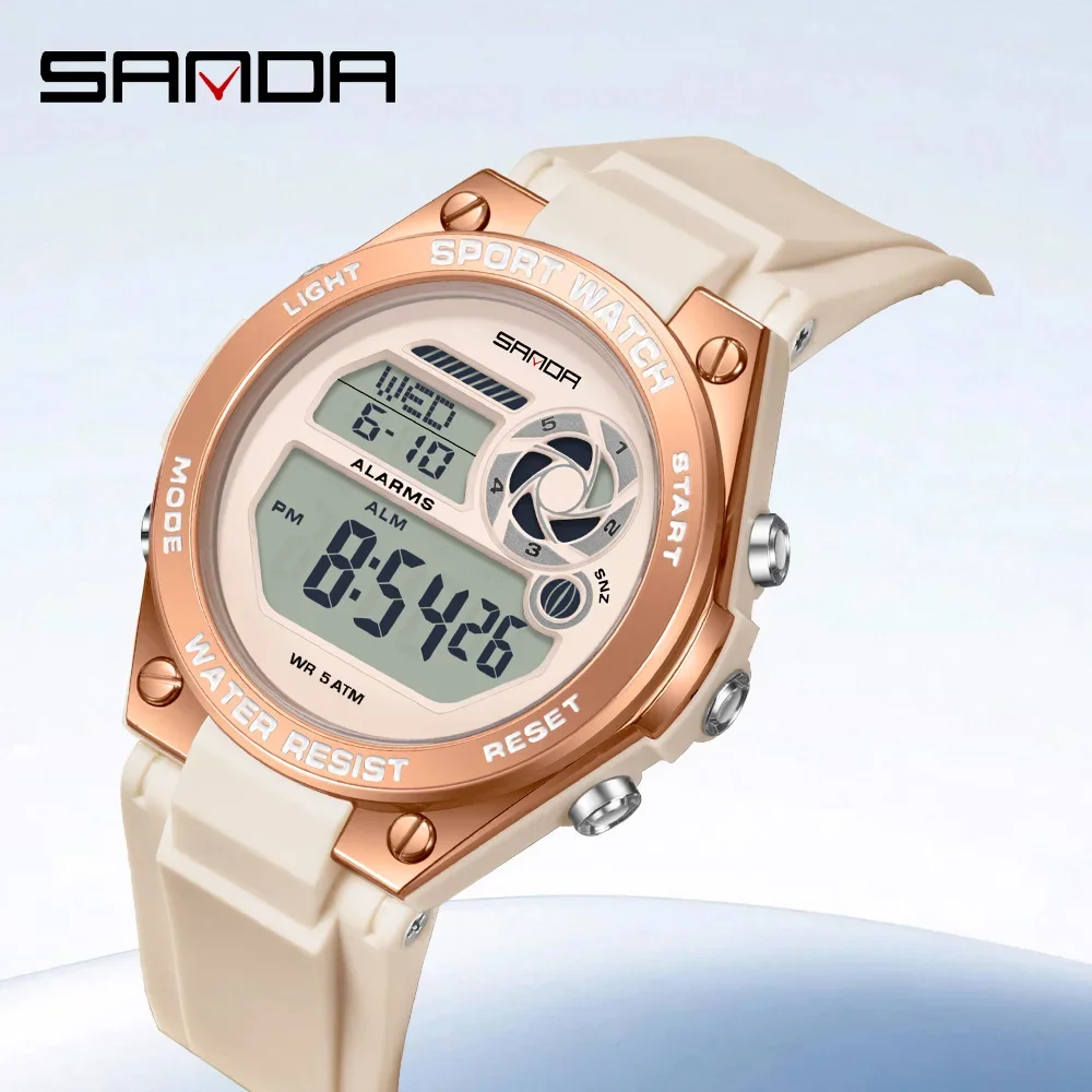 SANDA New Women's Sports Luxury Brand Watch Women's TPU Strap Night Light Waterproof Week Date Digital Leisure Watch