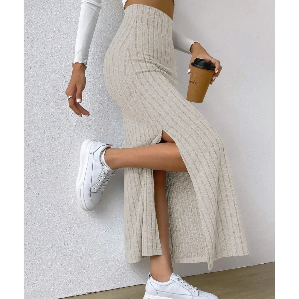 2024 Jesienna nowa dzianinowa długa spódnica z wysokim stanem dla kobiet Faldas Mujeres Office Lady Solid Color Casual Skirts — zdjęcie 6