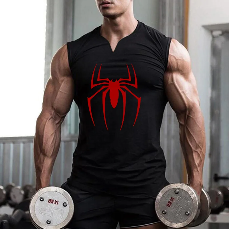 Red Spider Printed V-neck Sleeveless Vests Gym Bodybuilding Fitness Muscle Tank Tops Cotton Breathable Men's Hip Hop T-shirts