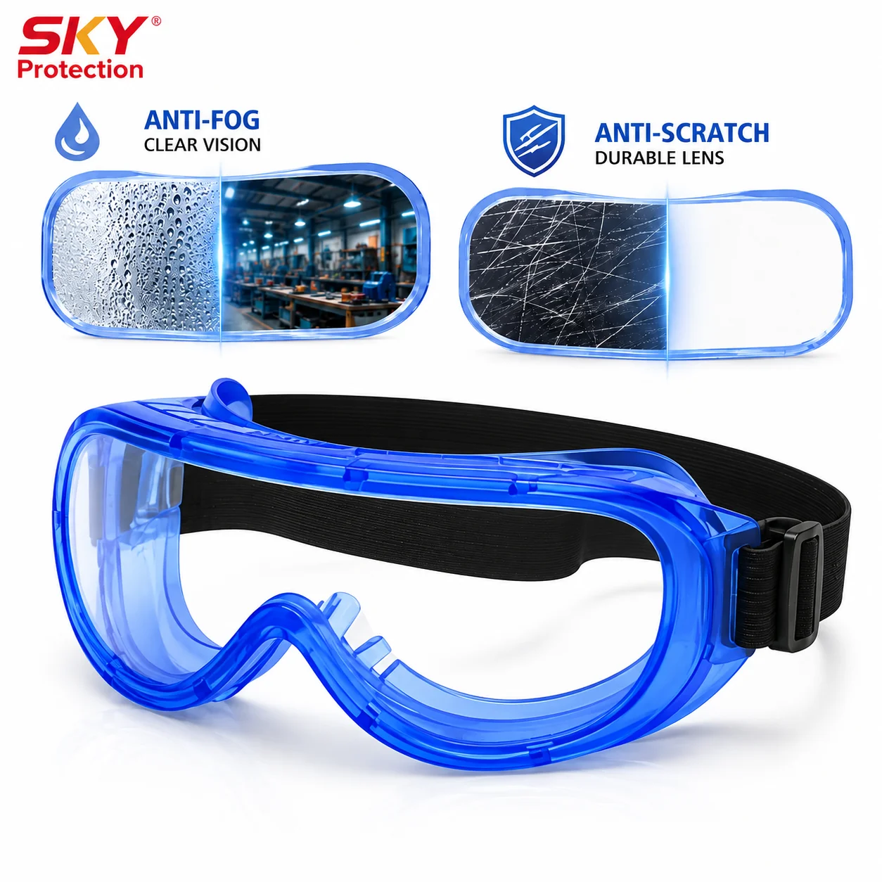 Lab Safety Goggles, Anti-Fog Clear Lens Wide Vision Protective Eyewear for Science, Workshop, Cleaning, DIY, Construction & Yard Work, Blue Frame