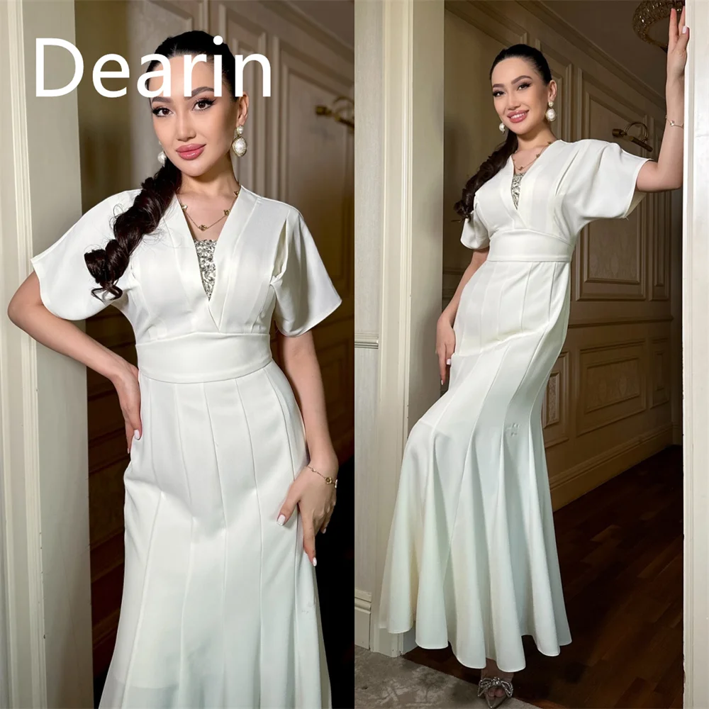 

Customized Saudi Arabia Dearin V-neck A-line Floor Length Skirts Draped Bespoke Occasion Dresses Formal Gown Prom Evening Dress