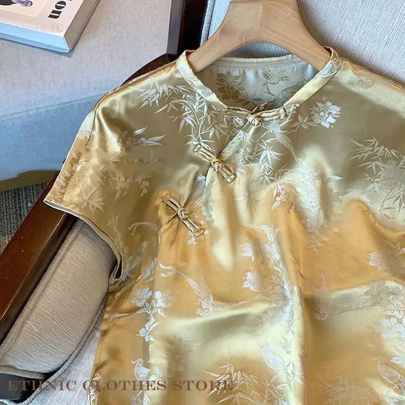 الإناث تانغ نمط بلايز قميص التقليدية الجديدة النمط الصيني شيونغسام تشيباو بلوزة الصيف الحرير الساتان الجاكار قميص بلايز الملابس