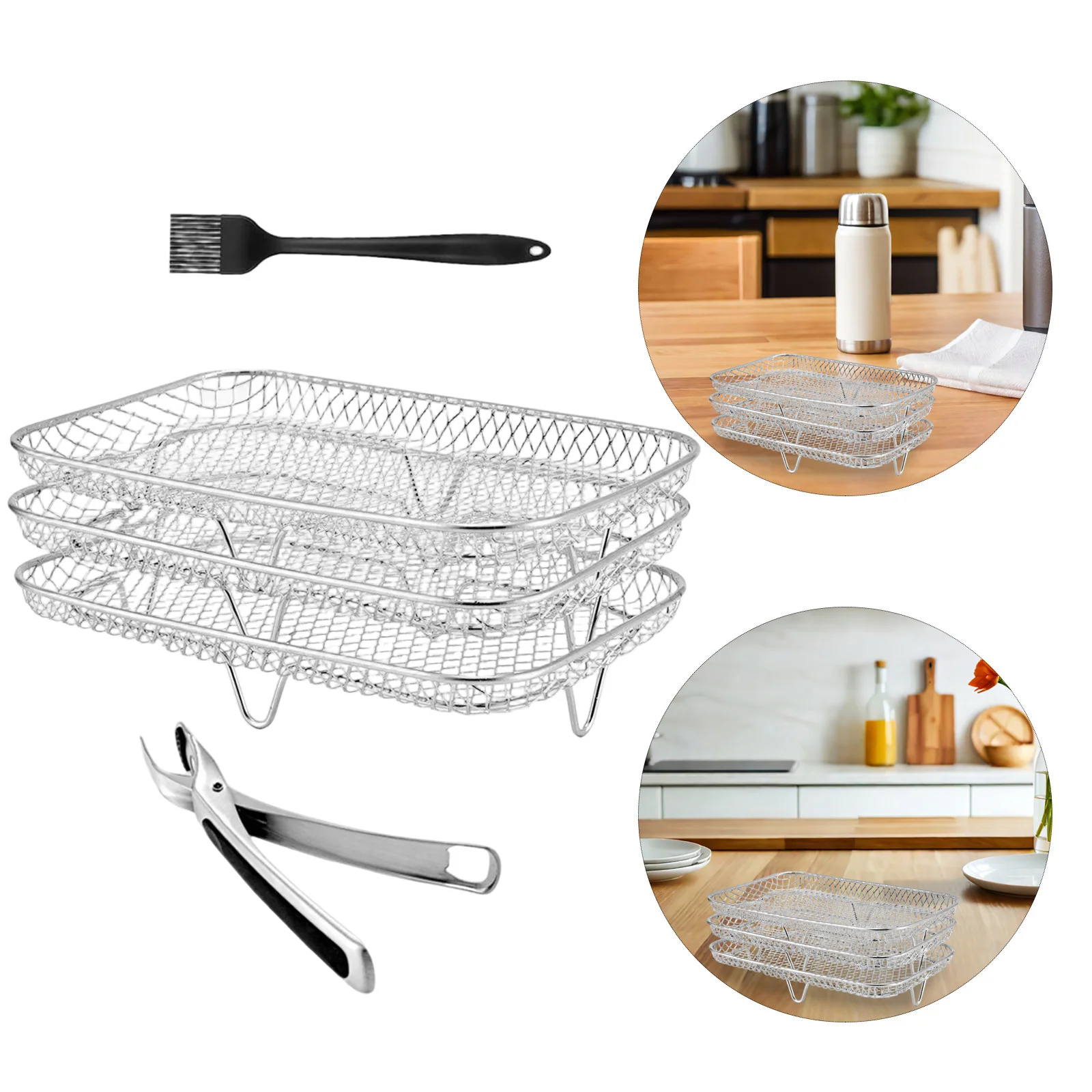 

1Set Air Fryer Rack Stainless Steel Stackable 3-Tier Grill Rack Heat Resistant Cooking Shelf Household Oven Accessory