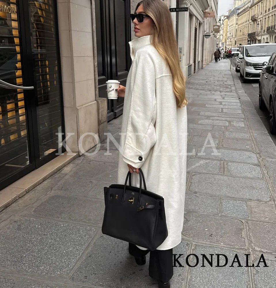 KONDALA Modny płaszcz tweedowy z wysokim kołnierzem, długi płaszcz damski, odzież wierzchnia w stylu high street, płaszcz zapinany na guziki, elegancki i szykowny płaszcz na jesień i zimę 2026.