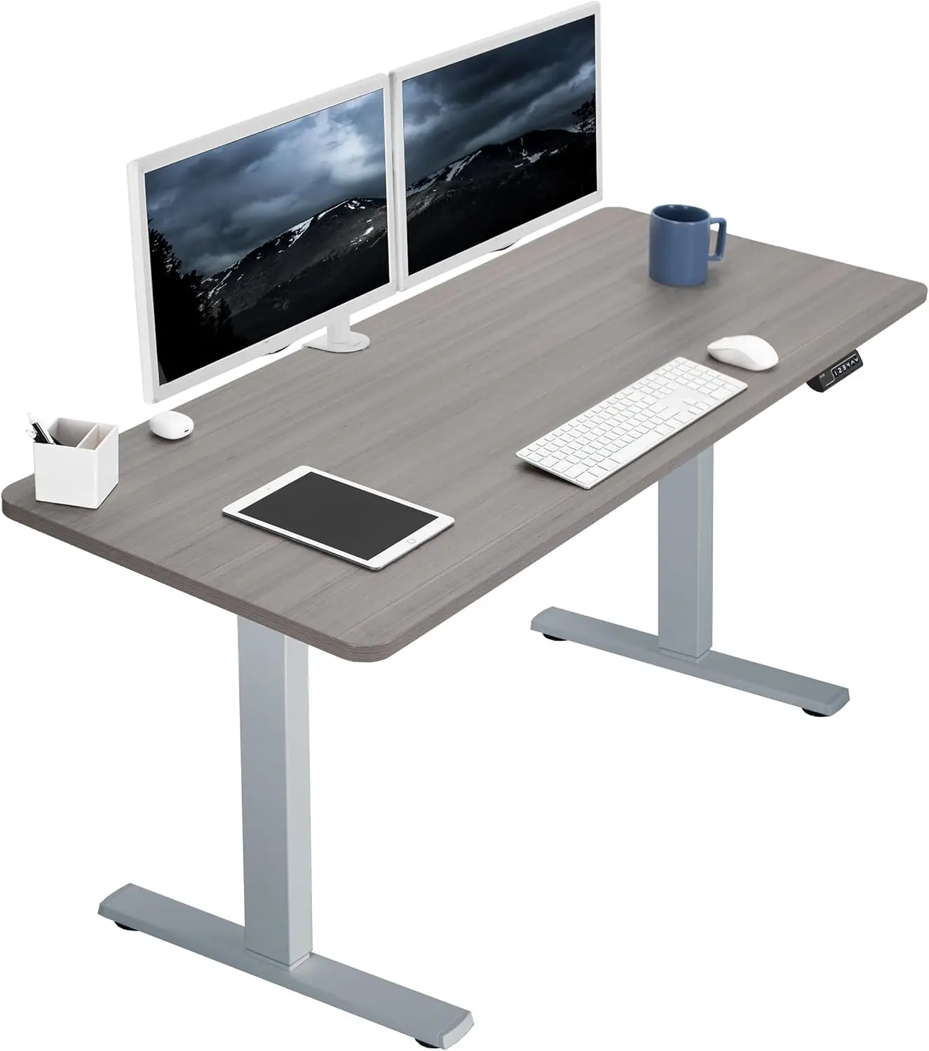 Electric 60 x 24 inch standing desk workstation with memory controller height adjustment, integrated dark grey top