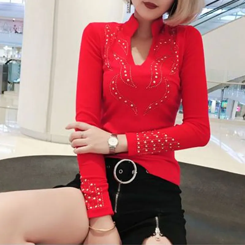 2023 Spring Autumn Casual Long Sleeve Pullovers Fashion Diamonds Women\'s Clothing All-match Elegant V-Neck Slim Commute T-shirt