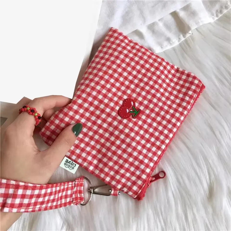 Red Cherry Canvas Makeup Bag Portable And Easy To Carry Red Plaid Large Capacity Cosmetic Lipstick Storage Bag view 3