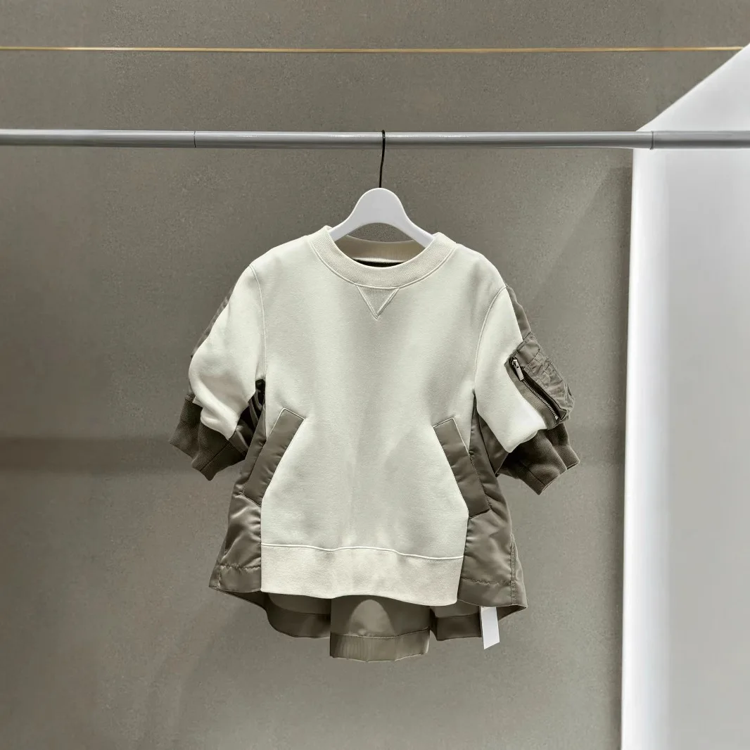 25 Autumn Winter Heavy Stitch Knit Coat Loose Fashion Patchwork Short Sleeve Sweatshirt Women