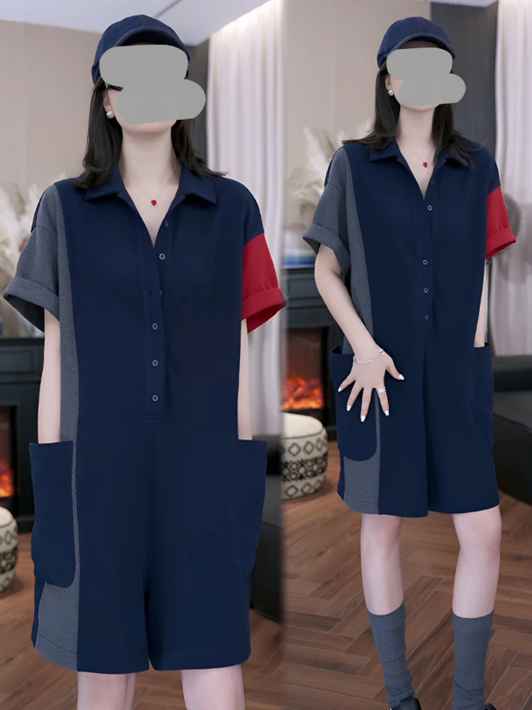 컬러 블록 여성용 루즈핏 패셔너블 디자인 칼라 점프수트 여름 신상 한국 스타일 하이웨이스트