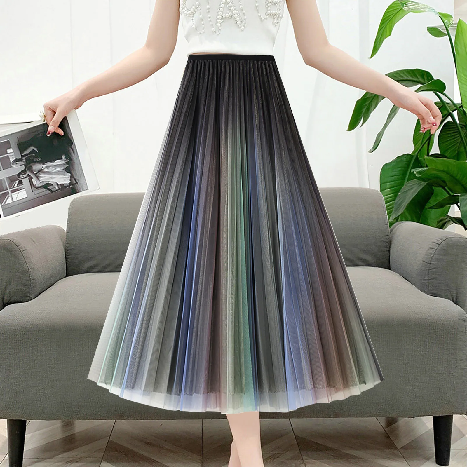 Long Skirts For Women Fashion 2024 5 Layer Knee Length Gradient Tulle Skirt Elegant Pleated Vintage Lolita Party Skirts