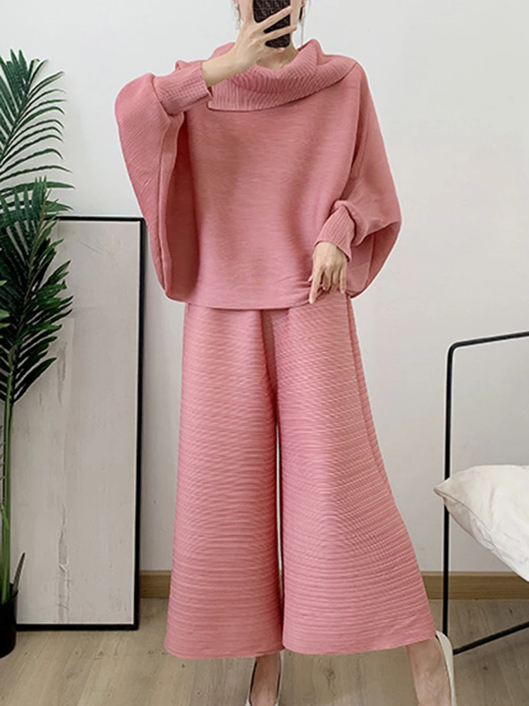 GVUW Pleated Pants Set Women Fashion Lapel Full Batwing Sleeve Loose Top + Wide Leg Trousers New Summer 2024 Clothing 17G6138