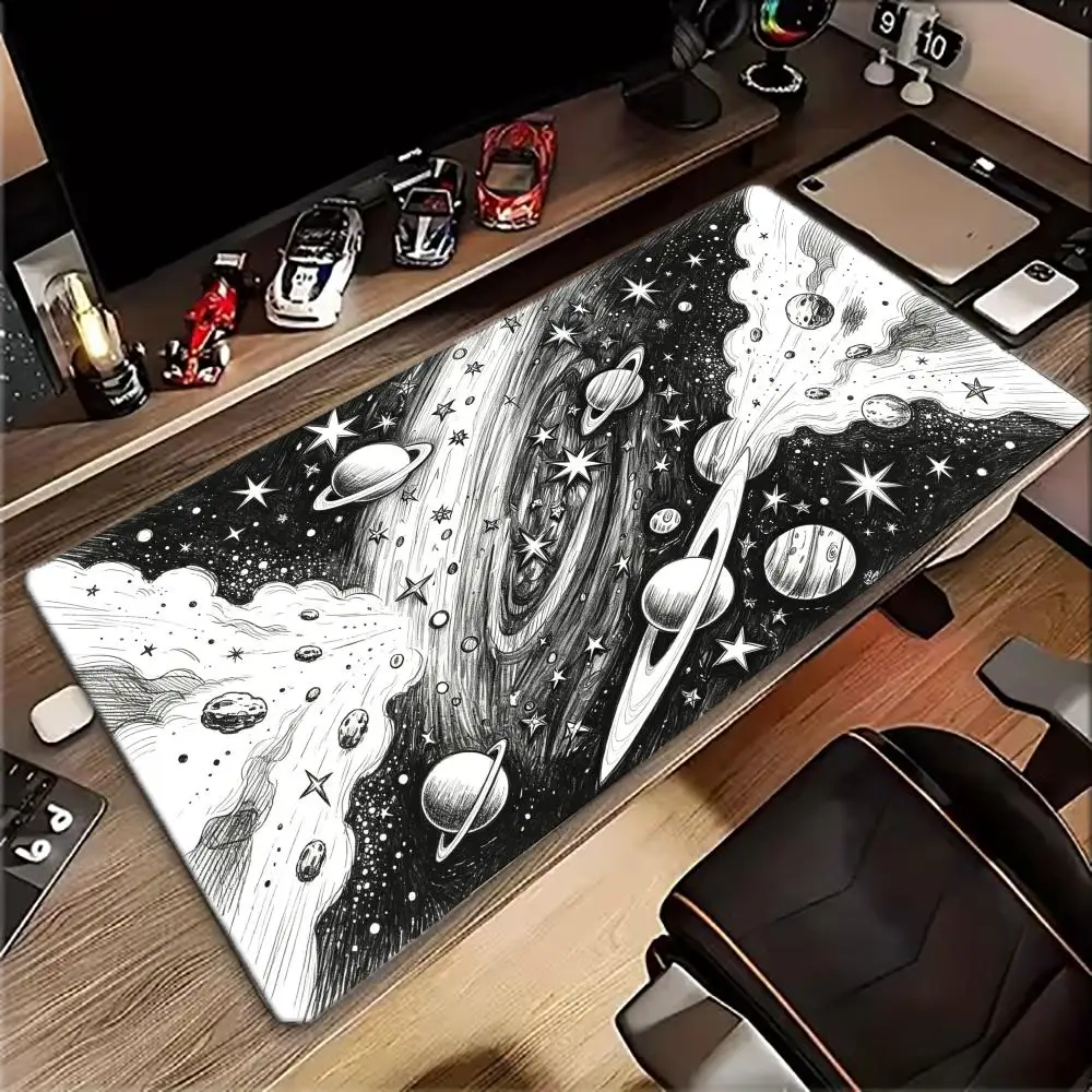 Large XXL Gaming Mouse Pad Desk Mat Keyboard Pad Black White Galaxy Planet Space Sketch Art Non Slip Rubber Extended Table Decor