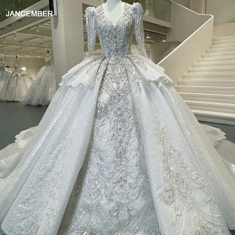 Jancember Sequins Ball Gown V-neck Full Sleeves Chapel Train Bow Button Illusion Pleat Romantic Wedding Dress GT008