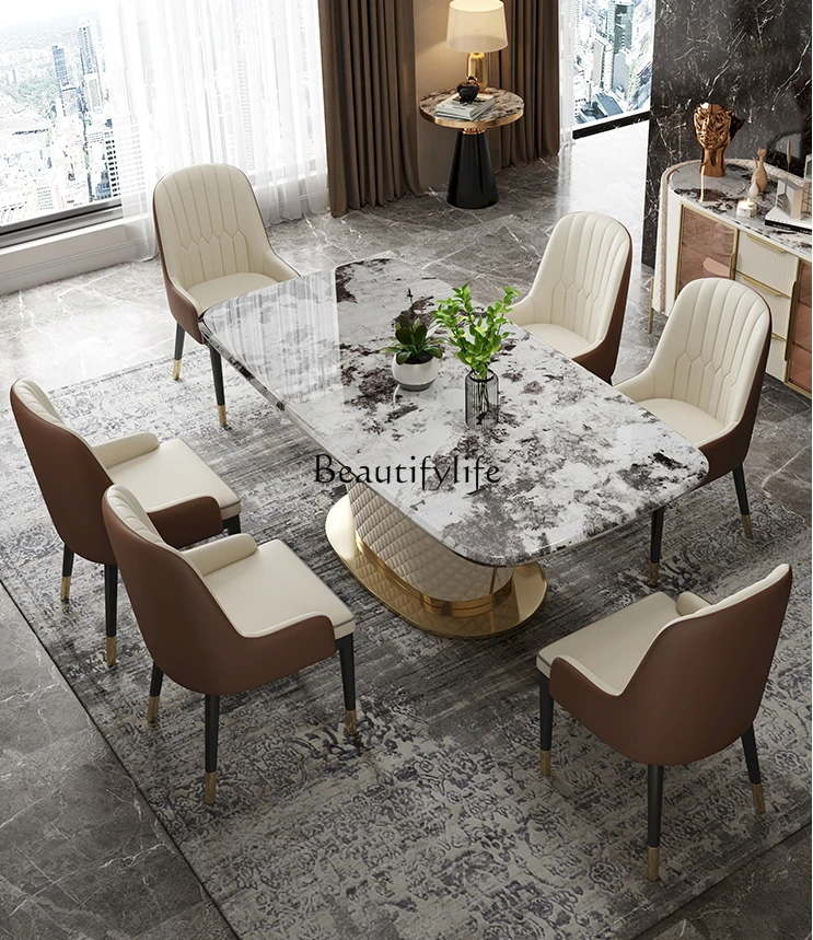 

High-End Marble Dining-Table Rectangular Modern Simple and Light Luxury Dining Tables and Chairs Set