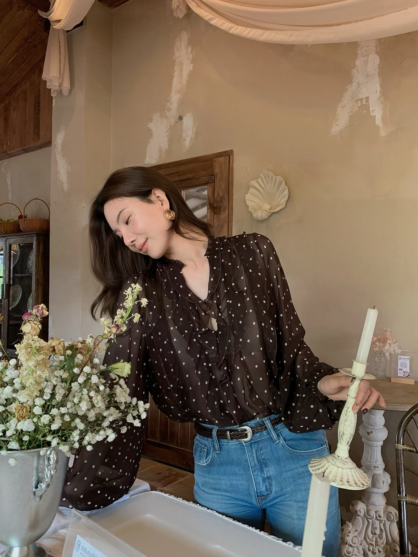 

Sweet Sasa Polka Dot Chiffon V Neck Shirt Women Lantern Sleeve Top Spring New Lotus Leaf Fashion Commute Style Loose Fit