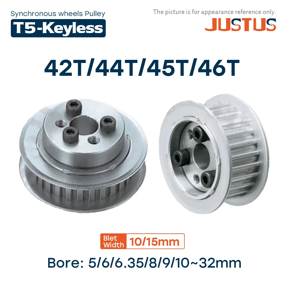 Trapezoidal Tooth 42T/44T/45T/46 Teeth T5 Timing Pulley Keyless Bushing Bore 5-32mm Synchronous Wheel For T5 Belt Width 10/15mm