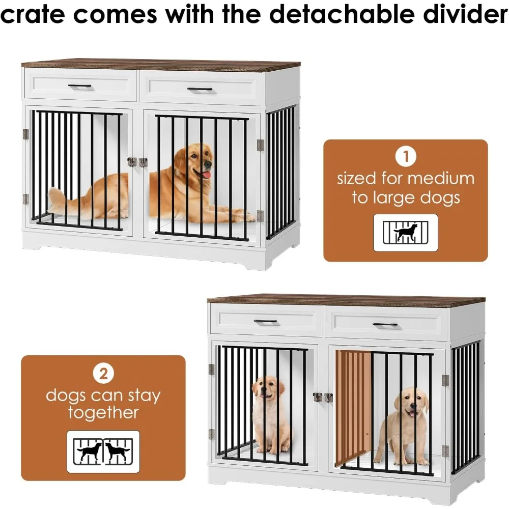 Double Door Dog Cage,47 Inch,Wooden Dog Kennel with Removable Dividers for Large Dogs,Storage Drawers,Large Dog Cage Dogs House