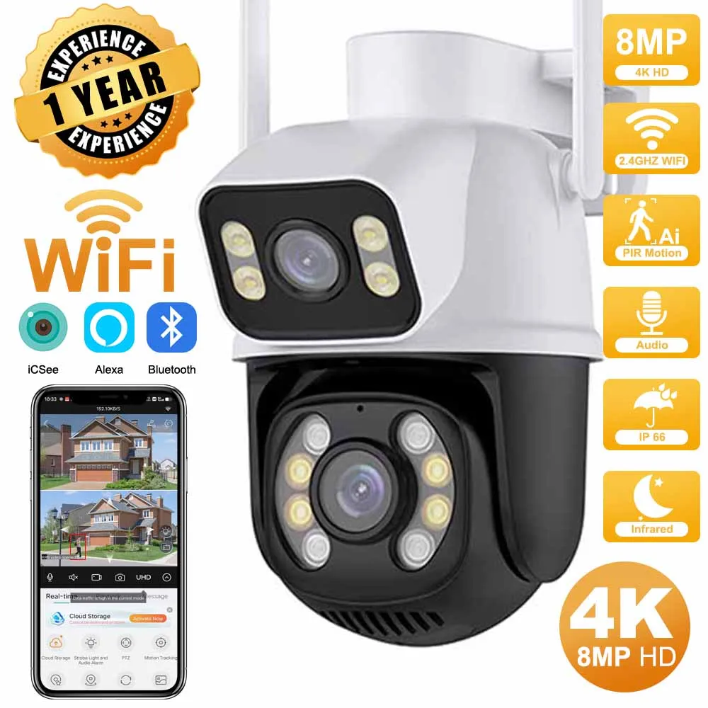 

Outdoor Wireless Security IP Camera 4K 8MP HD Dual Lens External Wifi PTZ Camera Auto Tracking Street Surveillance Camera iCsee