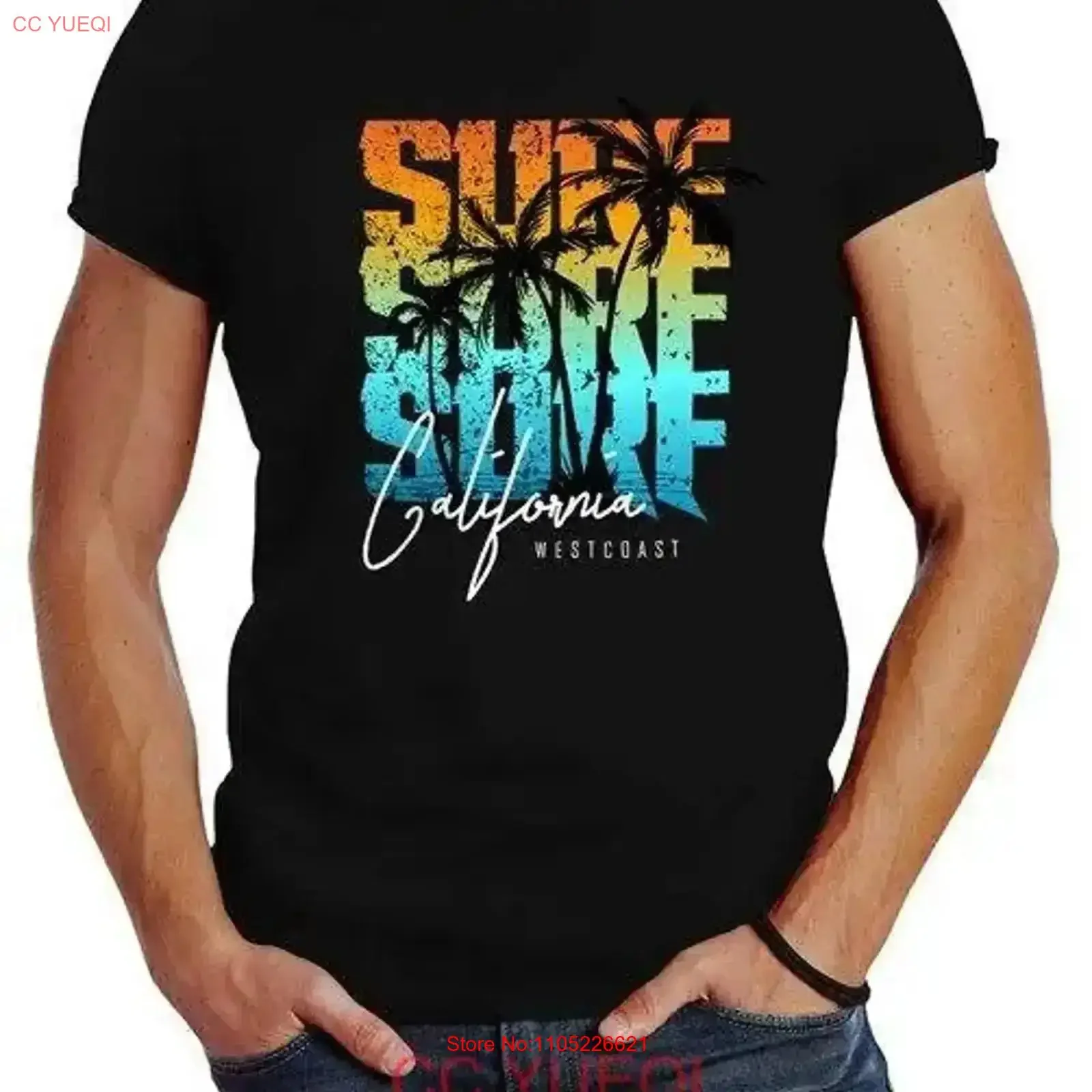 Camiseta sin nunca ajustada de Surf California Palm para hombre, ropa de diseñador vintage lavada, cómoda y ligeramente gráfica para hombre