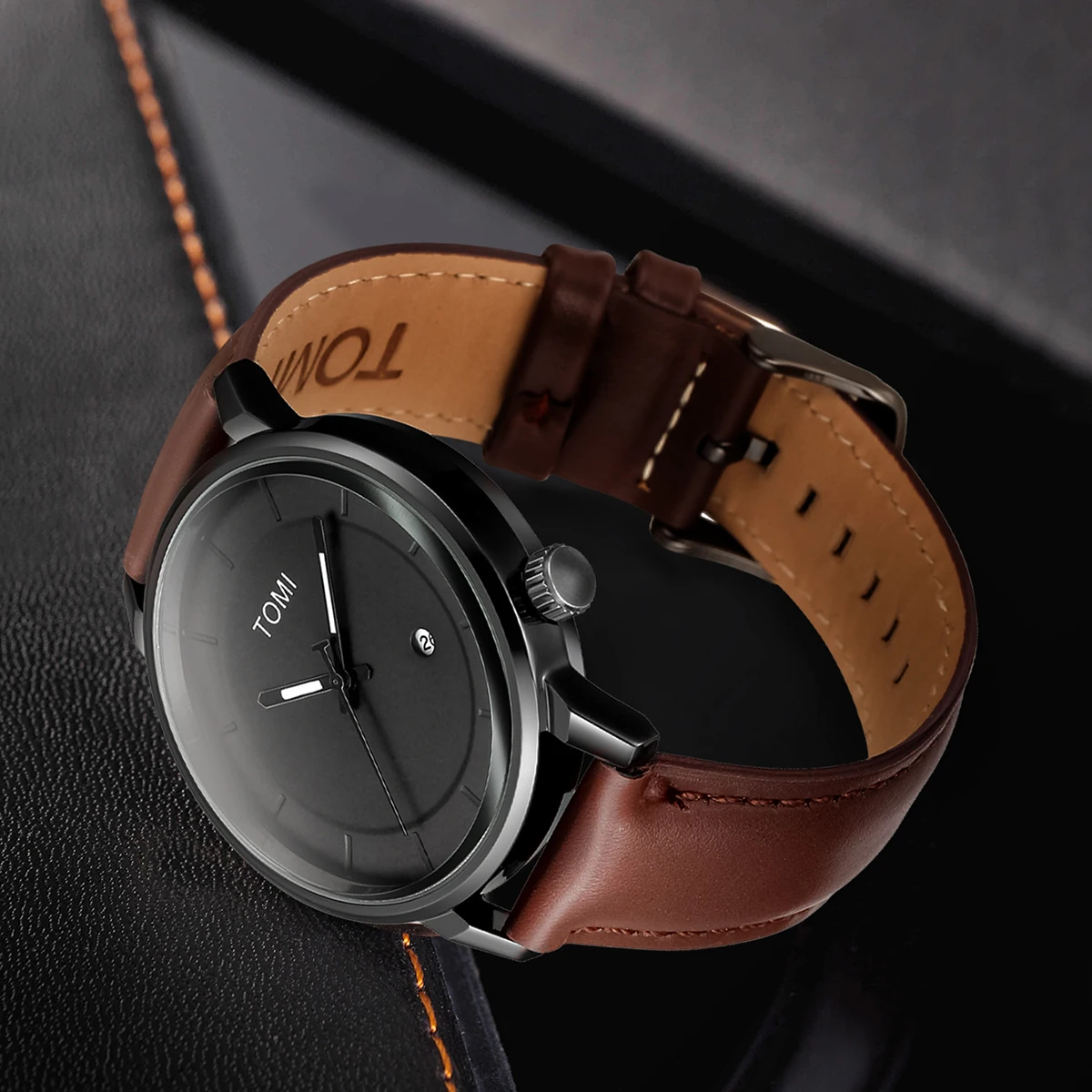 TOMI New 2PCS Casual Fashion Men Watch Gift Box Set Luxury Round Large Dial Calendar Men Quartz Watch Glasses Gift Box