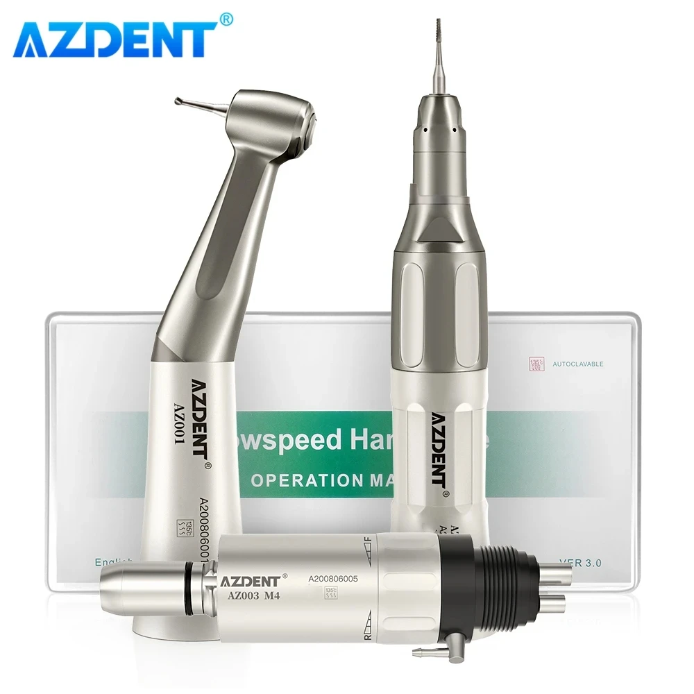 Dental Low Speed Handpiece Kit AZDENT Air Motor Push Button Contra Angle Straight Handpiece External Water Spray