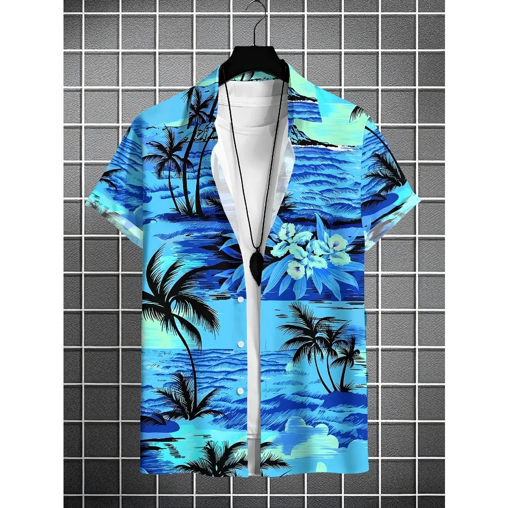 Men Blue Ocean Coconut Palm Floral Hawaiian Shirt Short Sleeve Button Up Beach Vacation Unisex Tops