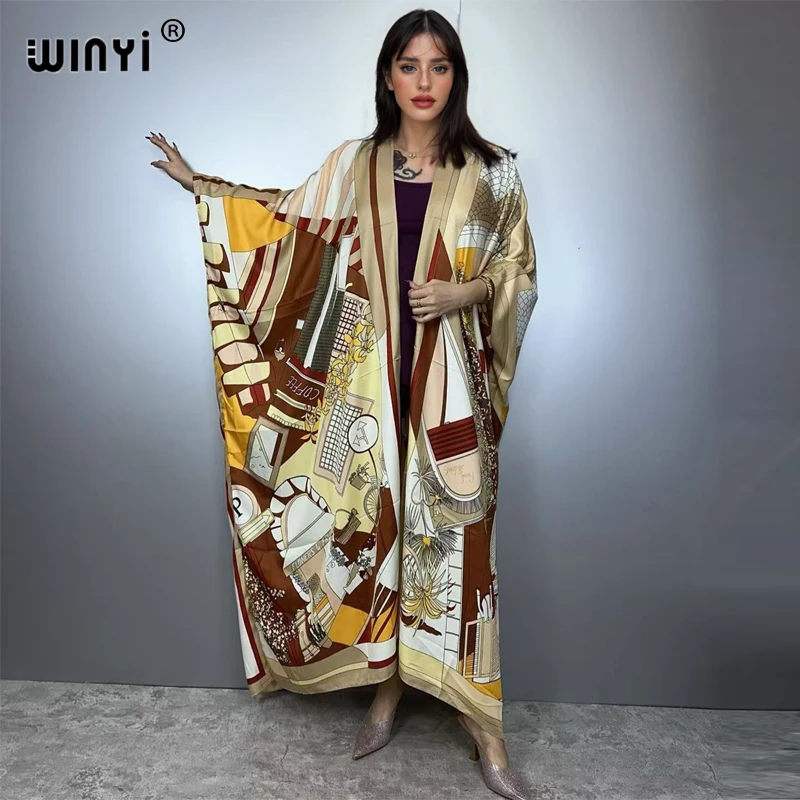 

WINYI bohemian Kimono loose Cardigan beach outfits woman cover up evening dress long down coat maxi dress luxury beachwear