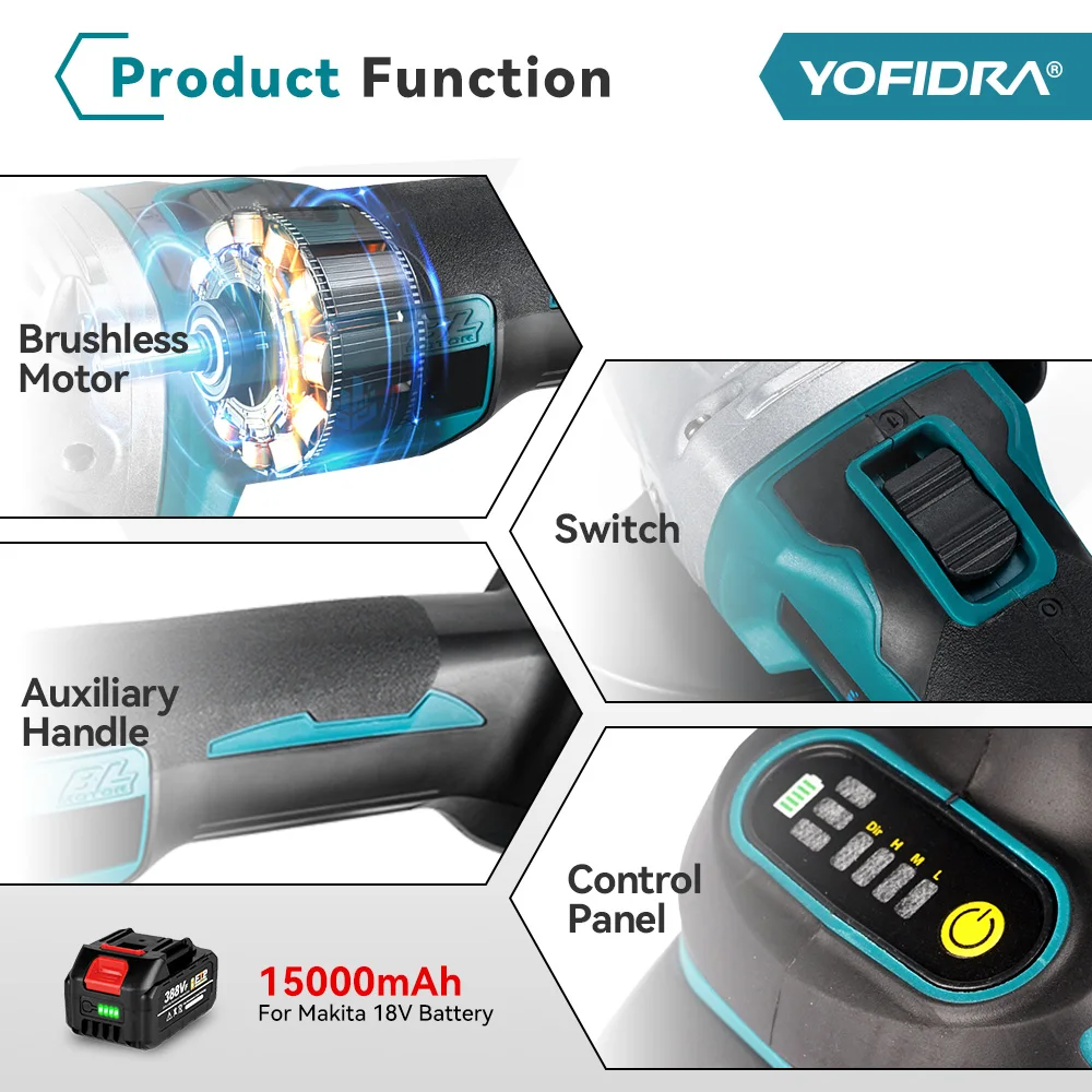 Yofidra-amoladora angular sin escobillas de 125mm, máquina cortadora de pulido de 4 engranajes, herramienta eléctrica inalámbrica para carpintería