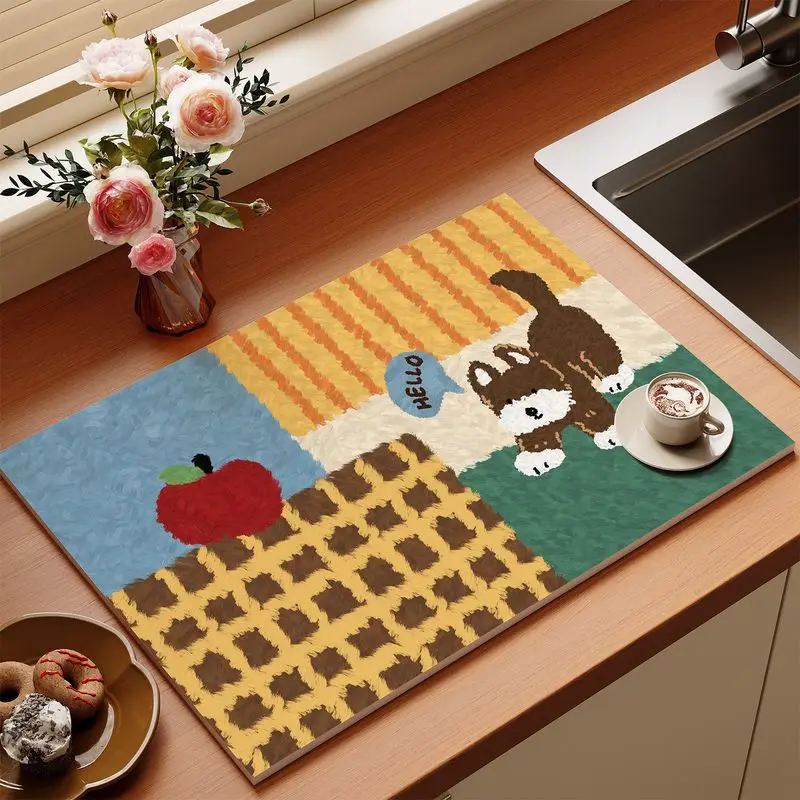 Retro Grid Block Cute Dog Flower Kitchen Drainage Mat Anti Slip Coffee Machine Tableware Kitchen Countertop Protective Mat