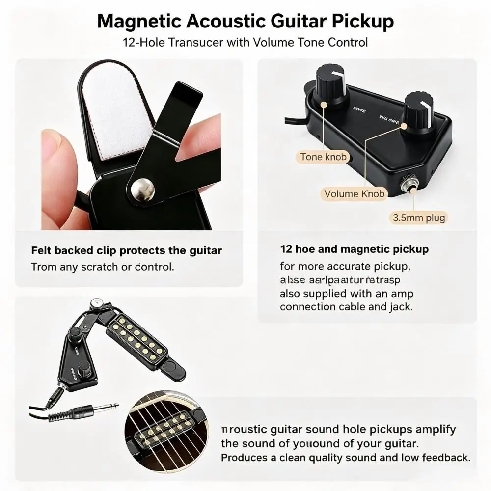 Portable Clip‑on Folk Guitar Pickup 12 Hole Design Volume& Tone Adjustable Sound Hole Transducer for Acoustic Guitar Performance view 3