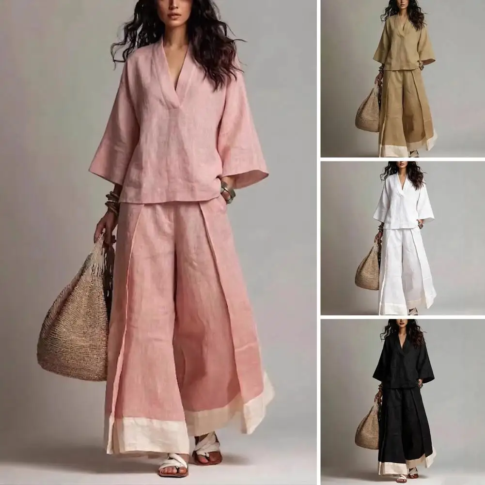 2026 V Neck Top And Color Block Wide Leg Pants Matching Set 2 Piece Set for Women 3/4 Sleeve xCasual Vacation Summer Lounge Outf