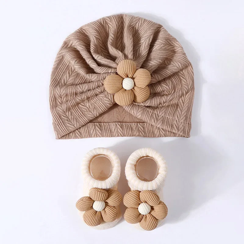 2Pcs/Set Sweet Big Flower Baby Hat Socks Newborn Boy Girl Indian Caps Toddler Kids Turban Headscarf Caps Infant Socks