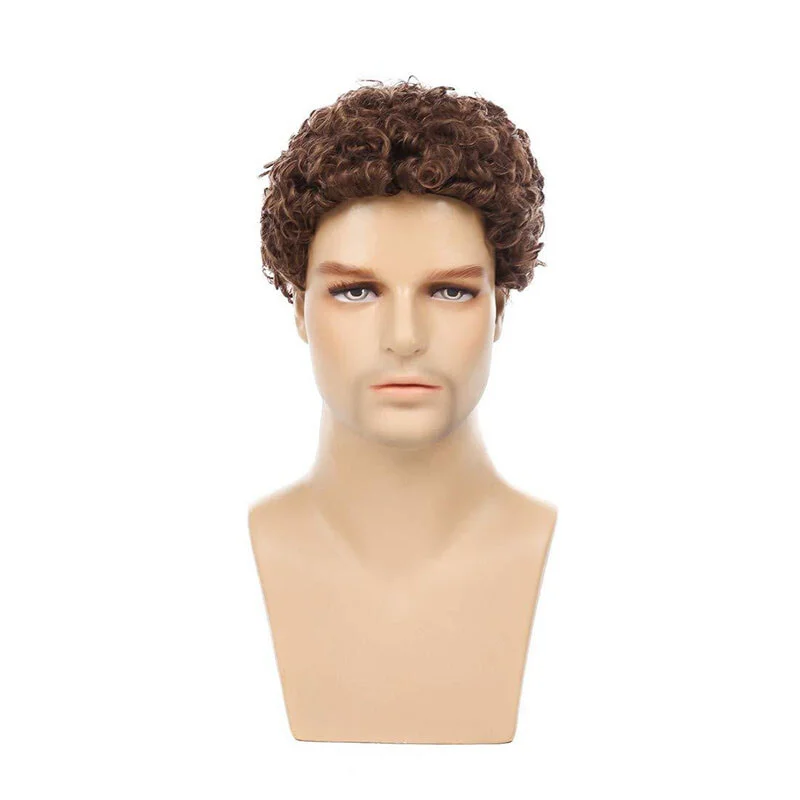 

Men Short Golden Brown Synthetic Hair Wig Men Puffy Toupee Wigs