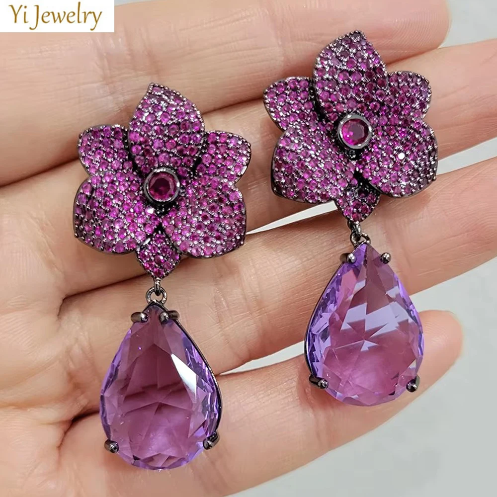 

Luxury Flower Dangle Earrings for Women Trendy Handmade Zircon Purple Green Water Drop Earrings Wedding Party Jewelry Gift Wife