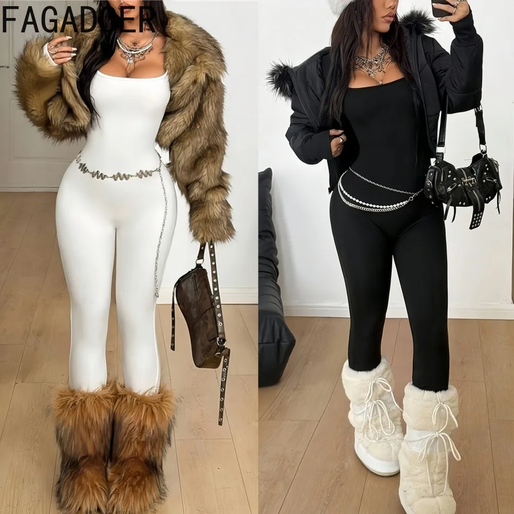 

Женский комбинезон FAGADOER: уличный стиль, спортивный крой, эластичный, комфортный, белый, облегающий, с длинным рукавом, квадратным вырезом, на теплой подкладке