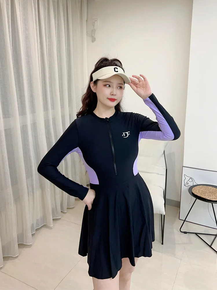 

Sun Protection Long Sve Swimsuit Women's Faion Color Matching Conservative Belly Covering Slimming Lemon B...