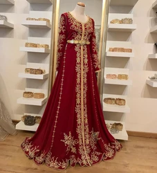 Red Exquisite Long Sleeve Arabic Prom Dresses outfit 2022 Gold Lace Embroidery Moroccan Kaftan Caftan Dubai Evening Dress