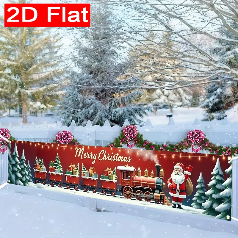 1pc 2D Flat Merry Christmas Yard Banner, Christmas Tree & Reindeer Pattern, Outdoor Lawn Wall Holiday Party Decor
