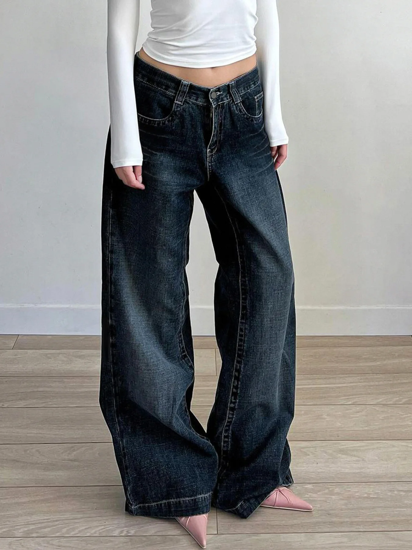 American style loose-fitting zipper jeans for women, straight-leg wide-leg floor-length trousers