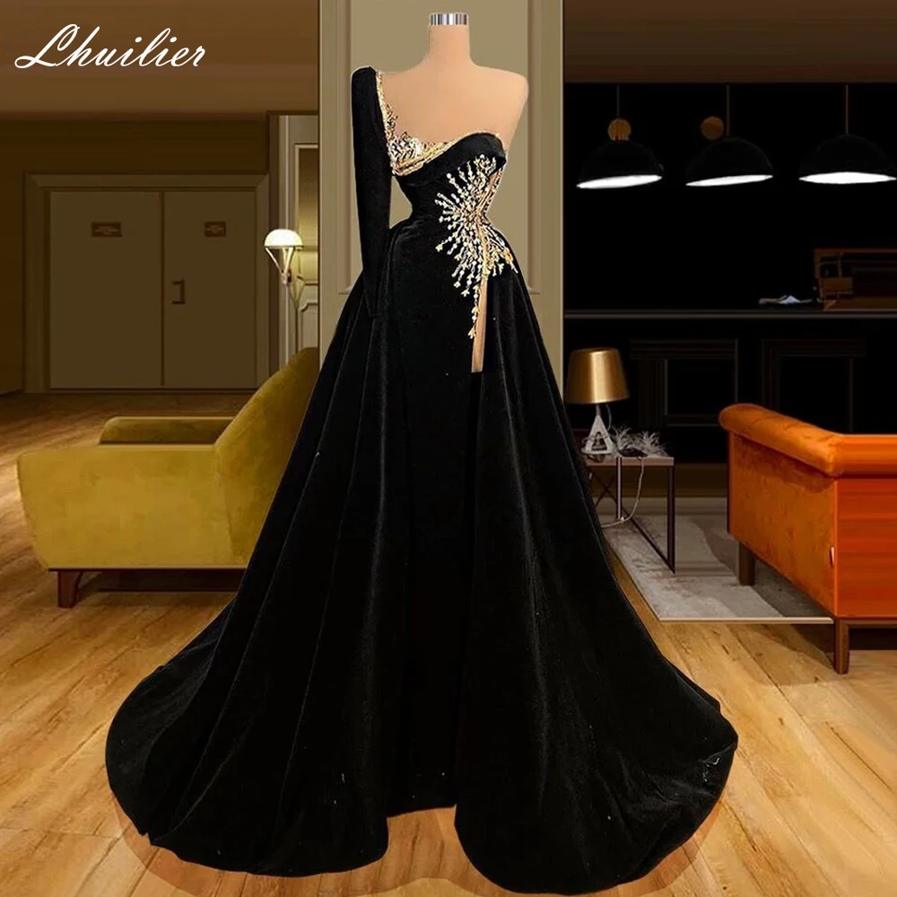 Lhuilier Elegant One Shoulder A Line Long Sleeveles Velvet Evening Dresses Floor Length Beaded Formal Gowns with High Slit