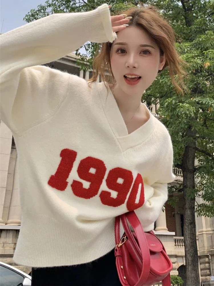 

Pullovers for Women Autumn Red Simple All-match Loose Students Ulzzang Letter Chic Leisure Trendy V-Neck Comfortable Creativity