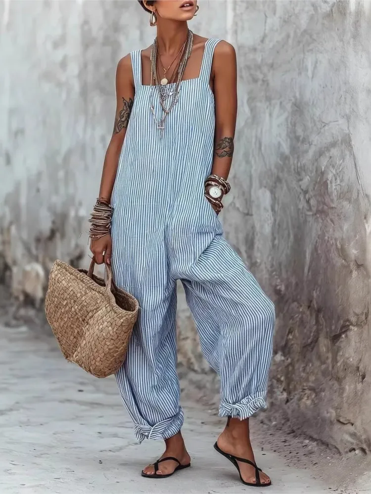 Women's Sleeveless Striped Loose Casual Jumpsuit New Spring And Summer Fashion Elegant Office Holiday Party Casual Jumpsuits