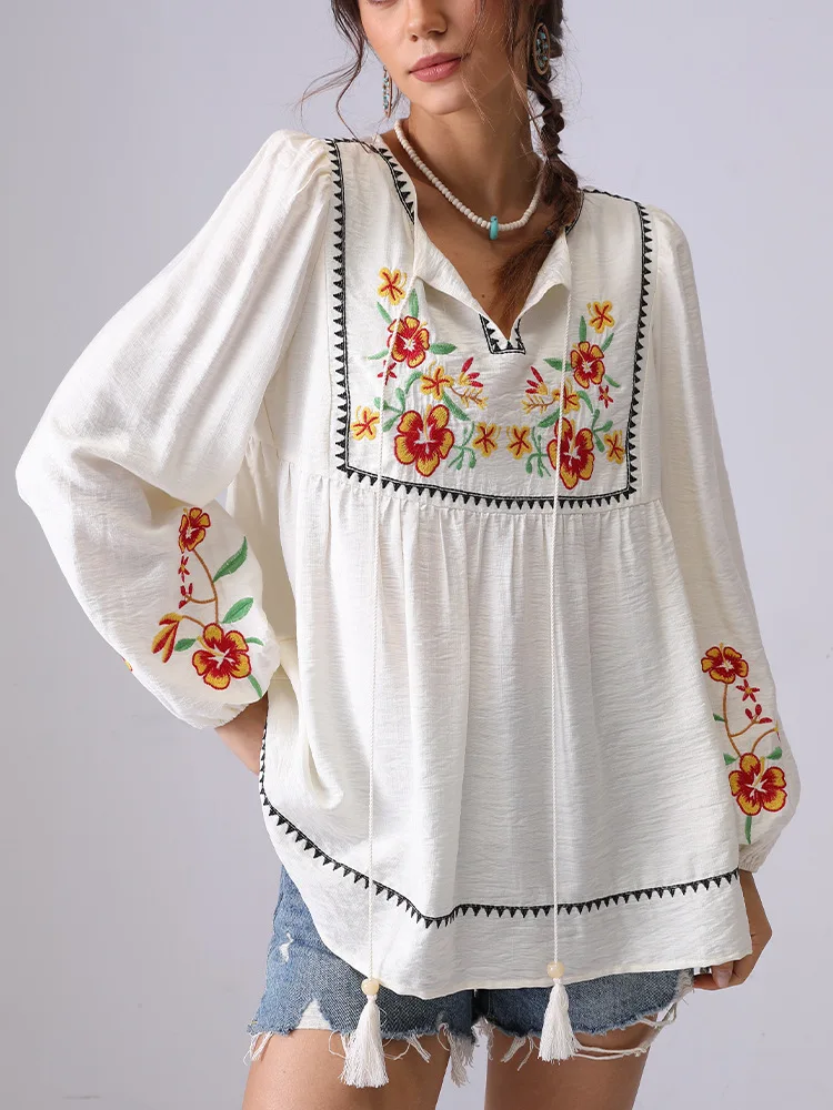 

2025 New Boho Flower Embroidered Women's Shirt Blouse Loose Tassel V-neck Ethnic Style Casual Holiday Shirt For Woman Tops