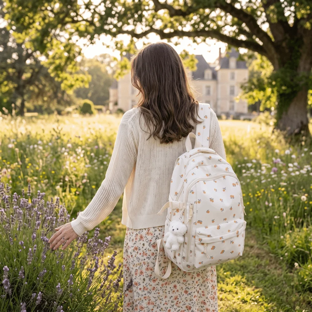 Large Capacity Floral Print Backpack Multi-compartment Thickened Bow Pattern School Bag Durable Waterproof Rucksack