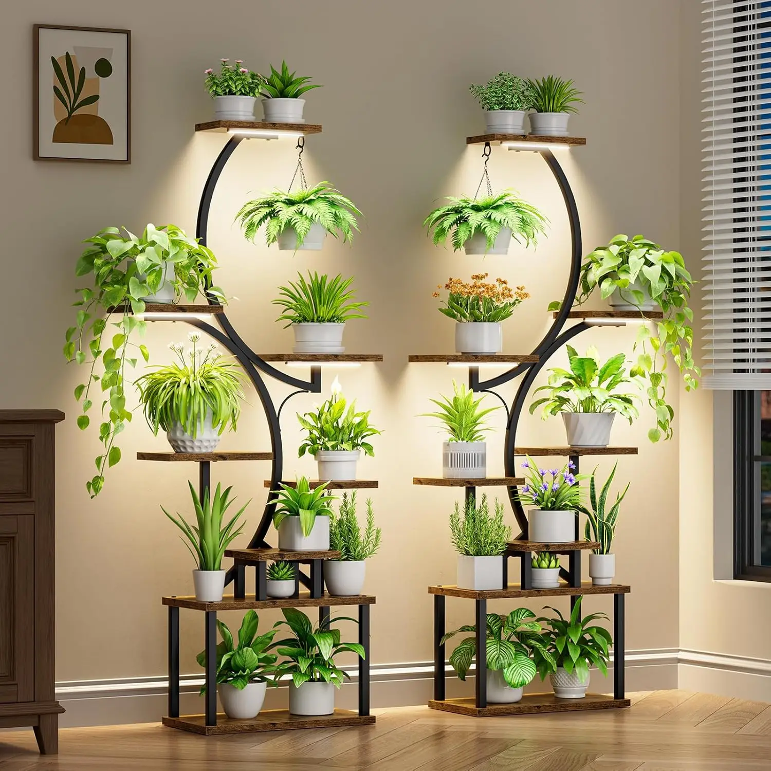 Intérieur avec lumière de croissance-paquet de 2 étagères hautes pour plantes d'intérieur, support pour plantes d'angle de 62 pouces, grand support de fleurs en forme de S à 8 niveaux