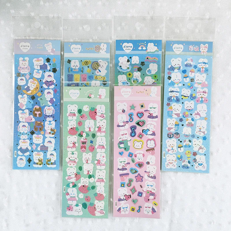 SKYSONIC 3-5-6pcs Flora Sticker Kawaii Bear Rabbit DIY Frame Decor Materials Korean Agenda Journal Stationery Suppliers