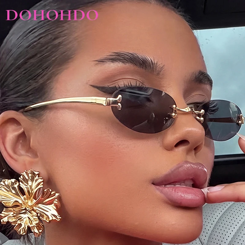 Fashion Rimless Small Oval Metal Punk Women Sunglasses Vintage Brand Designer Men Sunglass UV400 Outdoor Driving Travel Unisex
