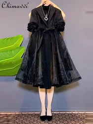 French Style Slimming Oversized Dress Patchwork Tulle Skirt Swing Mid-Length Black Long Sleeve Temperament Lux Dress for Women