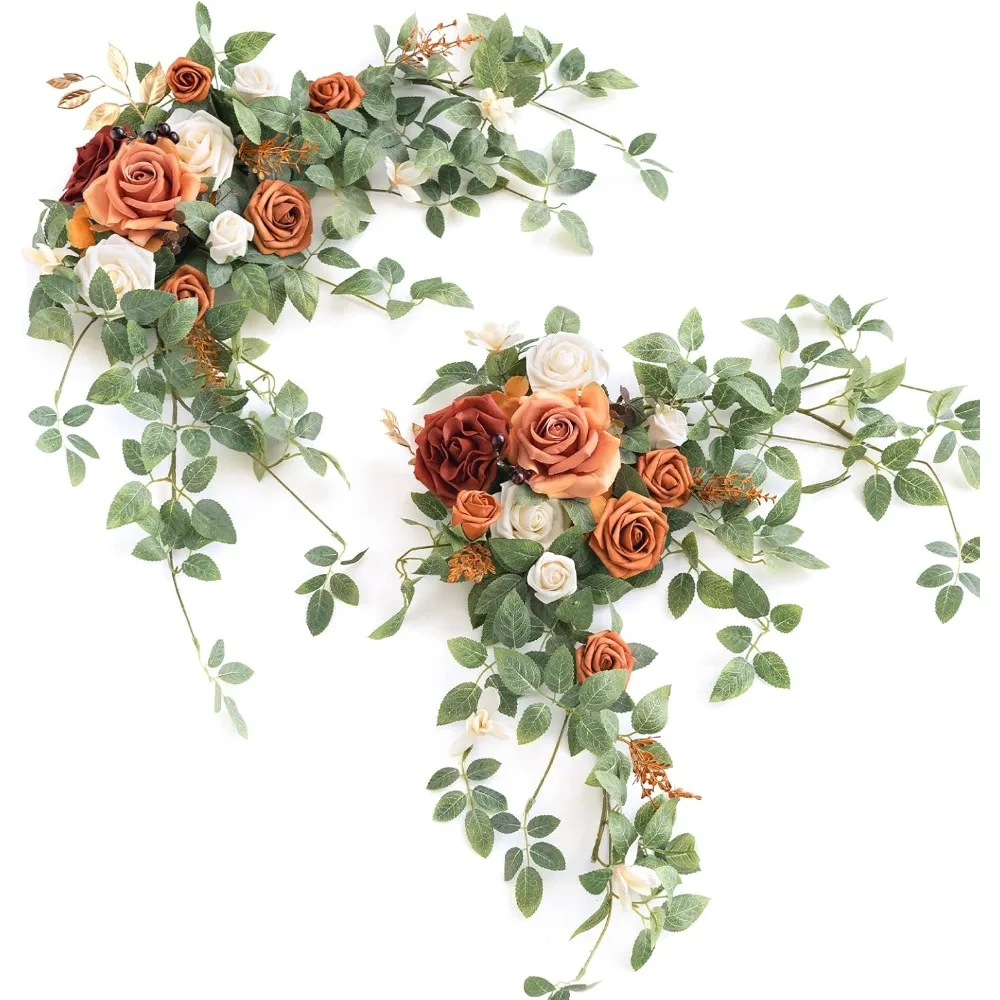 

Ling's Moment 2PCS Terracotta Arch Flowers Artificial Floral Swags Centerpieces Wedding Decor Mantel Faux Burnt Orange Rose Garl